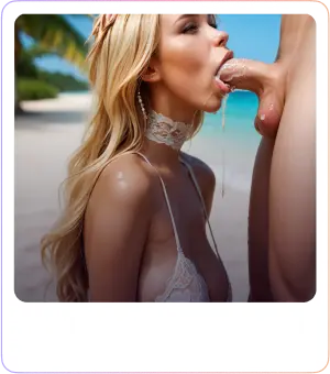Nude blonde woman wearing a sheer lace bra and choker, on a beach setting. She's giving a blowjob to a man, his dick fully in her mouth, and saliva is dripping down. Her eyes are half-closed as she focuses on the action, with a strand of cum visible near her lips. The tropical beach and ocean are clearly in the background, providing a relaxed outdoor environment. Her long hair falls over her shoulders, and the lighting highlights her body’s wet, sun-kissed skin.